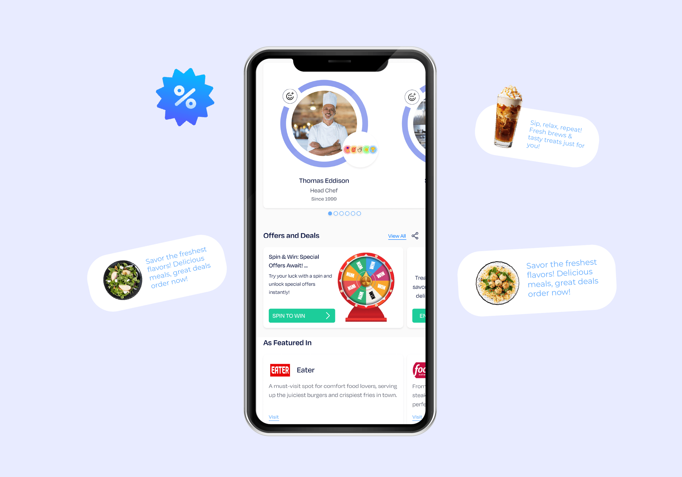 Krofile mobile mockup showing promotions and spin-to-win giveaways to boost customer engagement.
