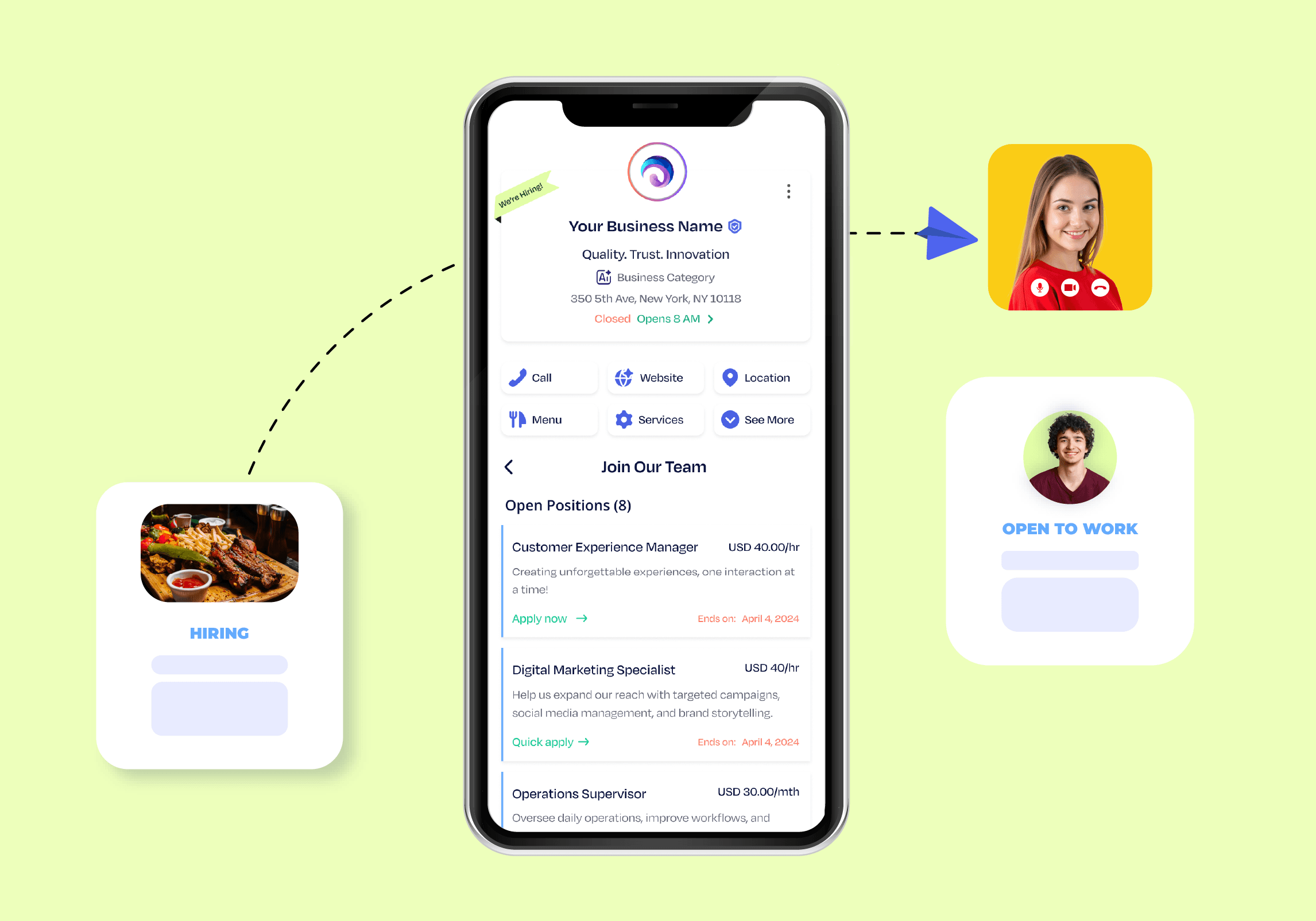 rofile hiring mockup on mobile showing open job listings, application options, and candidate connections.