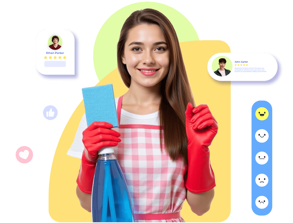 Krofile interface showing cleaning feedback with a woman in apron and gloves holding spray bottle and sponge.