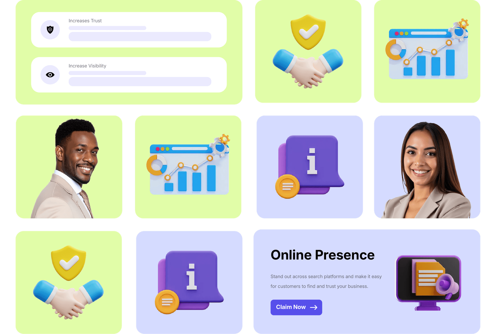 Illustrated cards and icons highlighting how reviews boost visibility, trust, and digital presence.