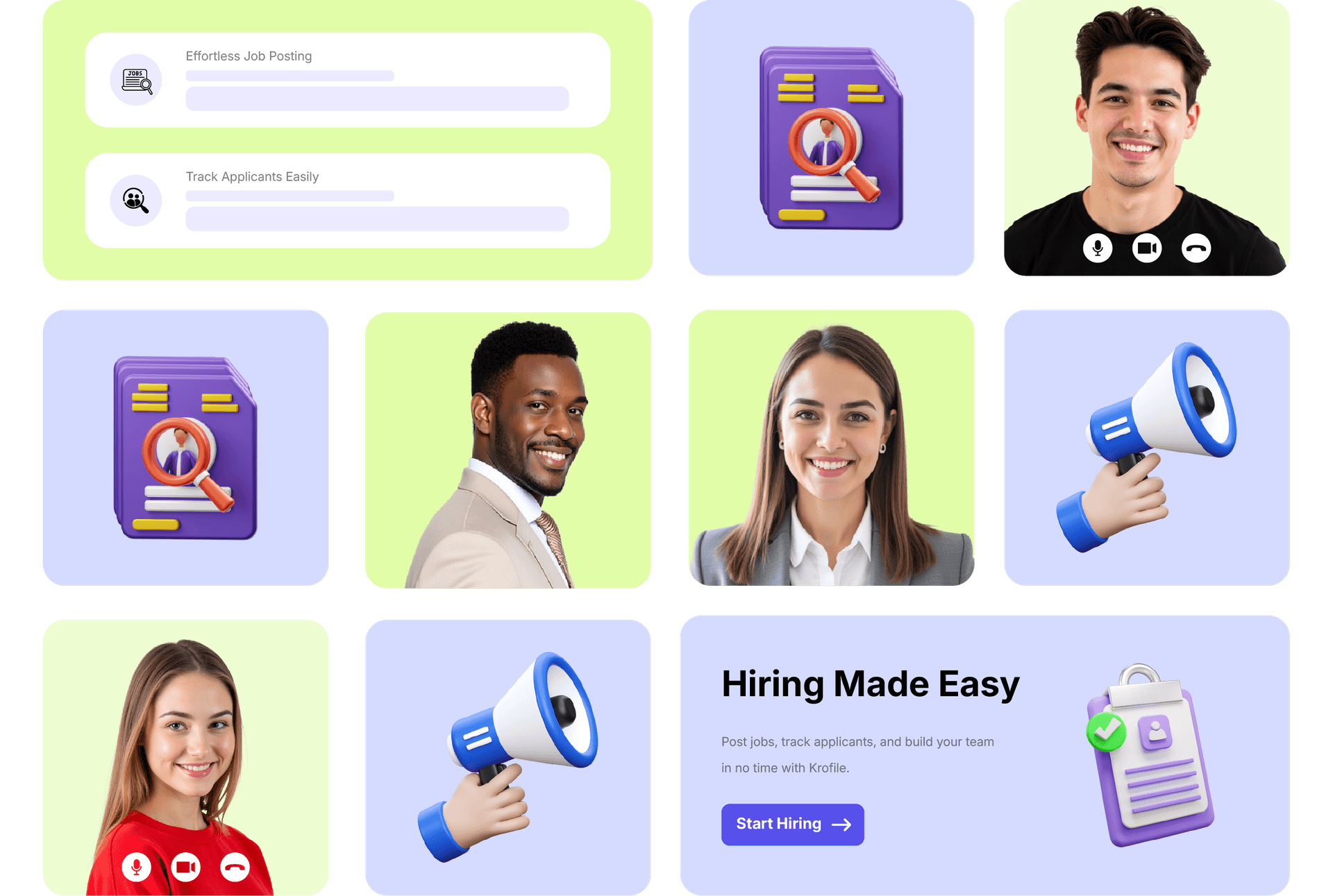 Krofile hiring dashboard with job listings and candidate profiles on desktop and mobile.