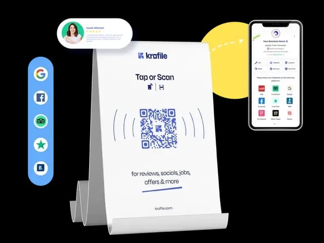 Krofile QR and NFC standee mockup paired with a mobile profile, enabling fast contactless review collection.