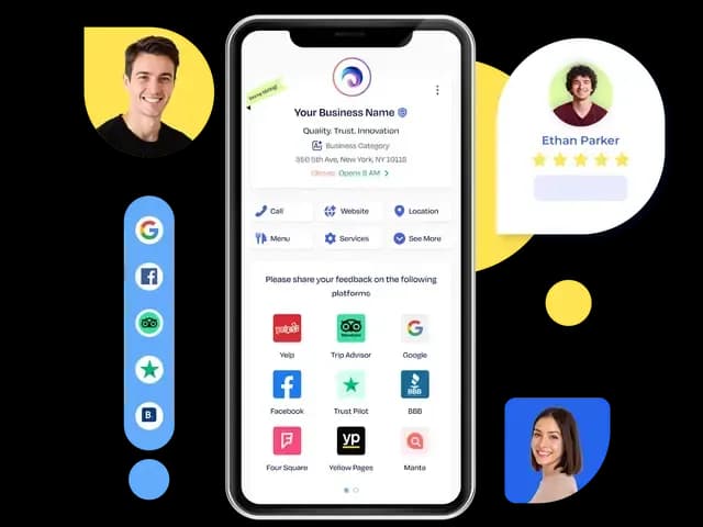 Krofile mockup displaying review links for platforms like Google, Yelp, and Facebook on a branded digital profile.