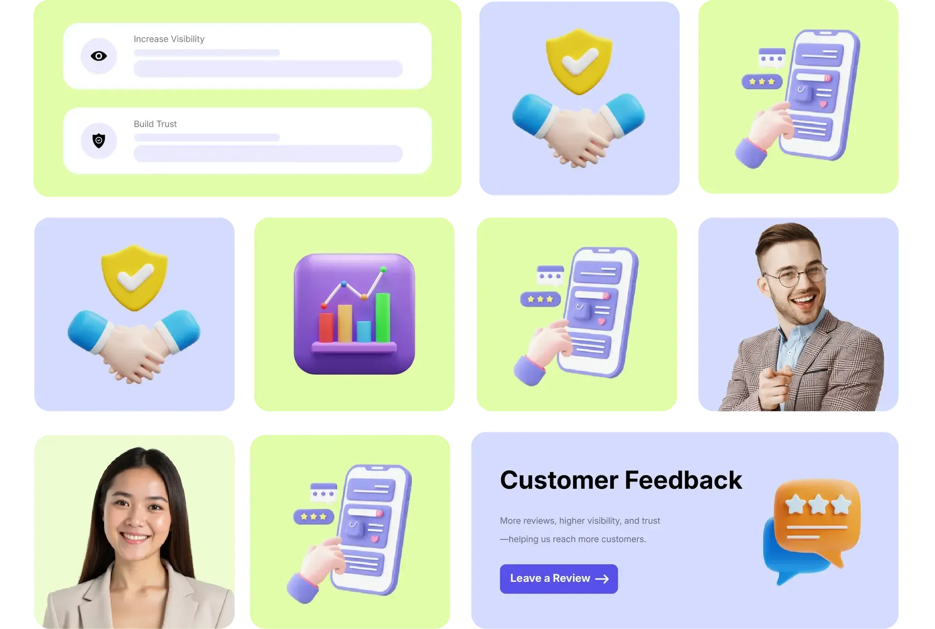 Illustrated cards and icons highlighting how reviews boost visibility, trust, and digital presence.