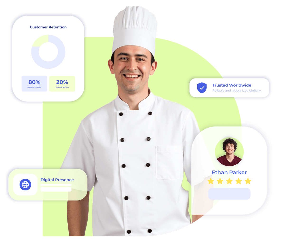 Smiling chef with Krofile digital profile tools to boost restaurant reviews, promotions, and customer retention. 