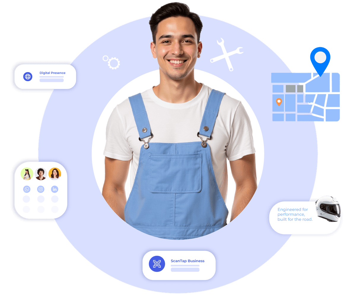 Smiling staff with Krofile digital profile tools to highlight garage services, location, and seasonal offers. 