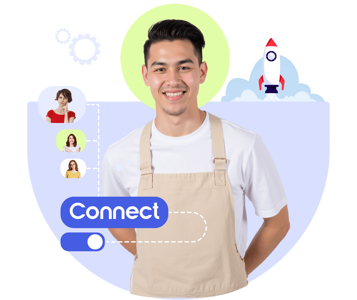 Smiling technician using Krofile’s digital business profile to track customer activity, apply feedback, and hire locally. 