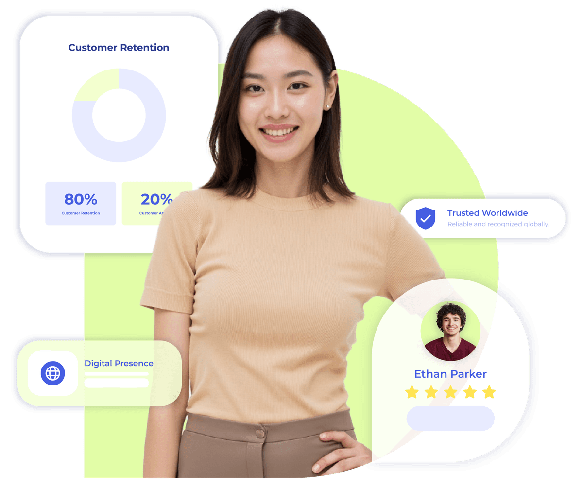 Retail associate with digital profile promoting reviews, loyalty-building features, and offers for retail marketing. 