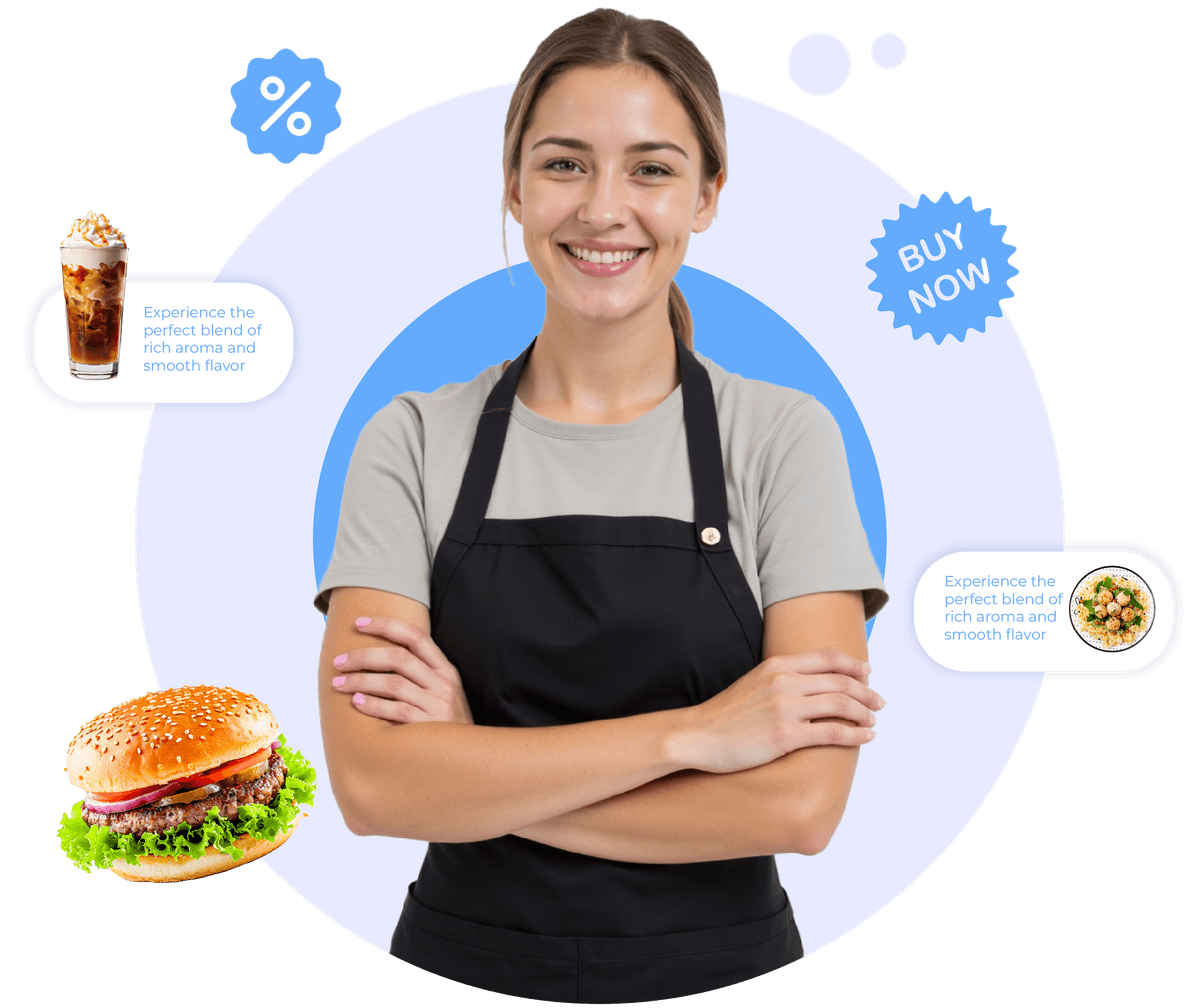 Smiling food service staff with digital business profile showing menu items, special offers, and QR code access. 