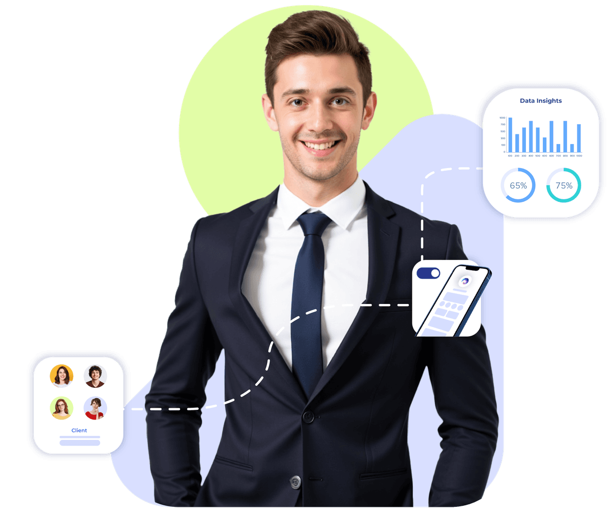 professional with phone UI and charts, showing Krofile's digital profile for service providers.