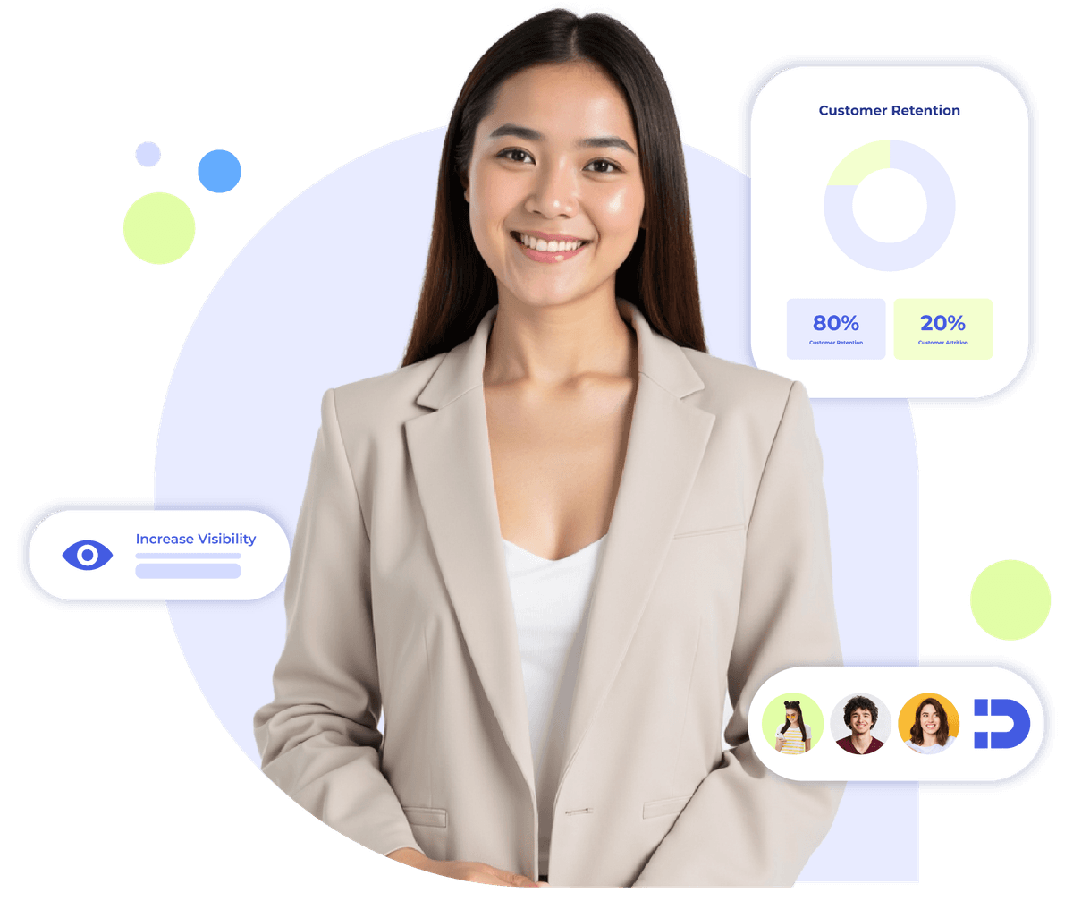 Woman with user metrics display, representing how Krofile boosts trust for professional services.