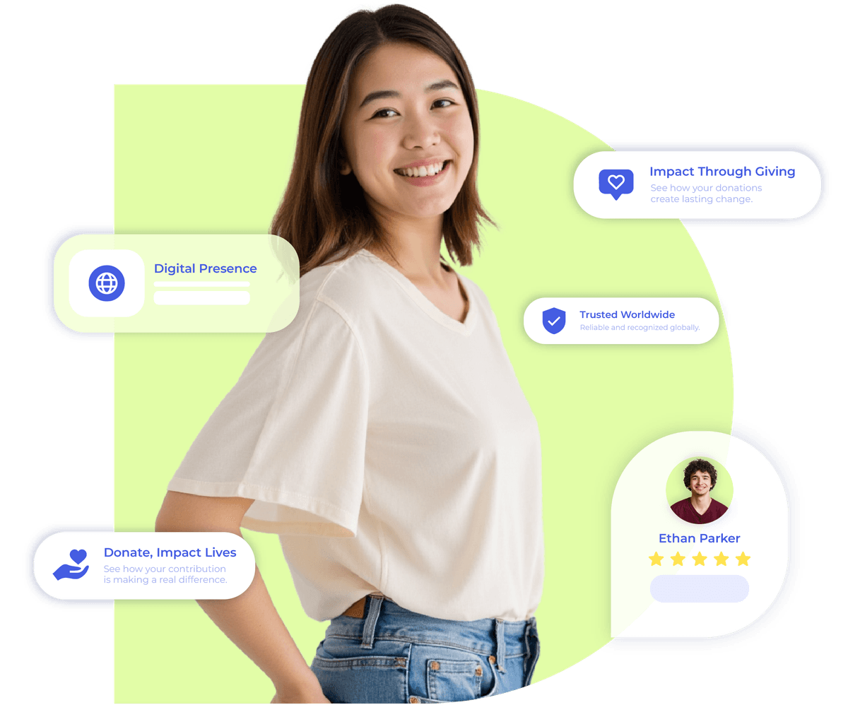 Woman with donation icons showing how nonprofits use Krofile to share their mission in one profile.