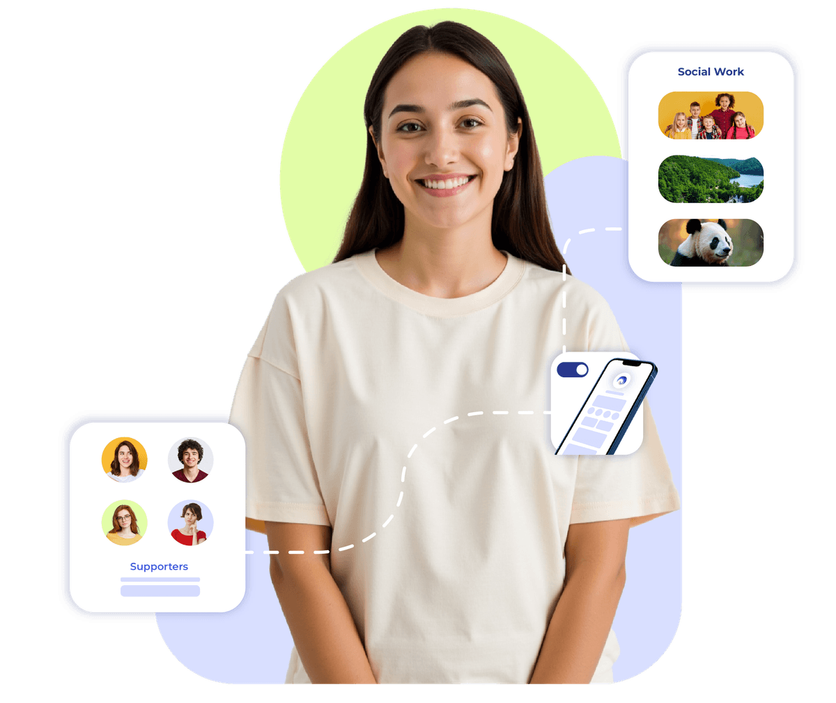 Woman with supporter graphics showing how nonprofits build trust and grow with Krofile tools.