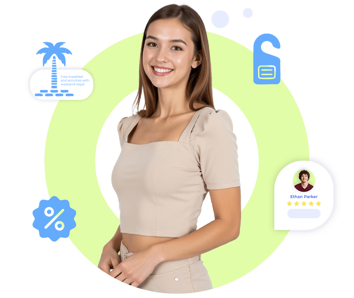 Smiling woman beside guest review and discount icons representing marketing tools for hospitality businesses. 