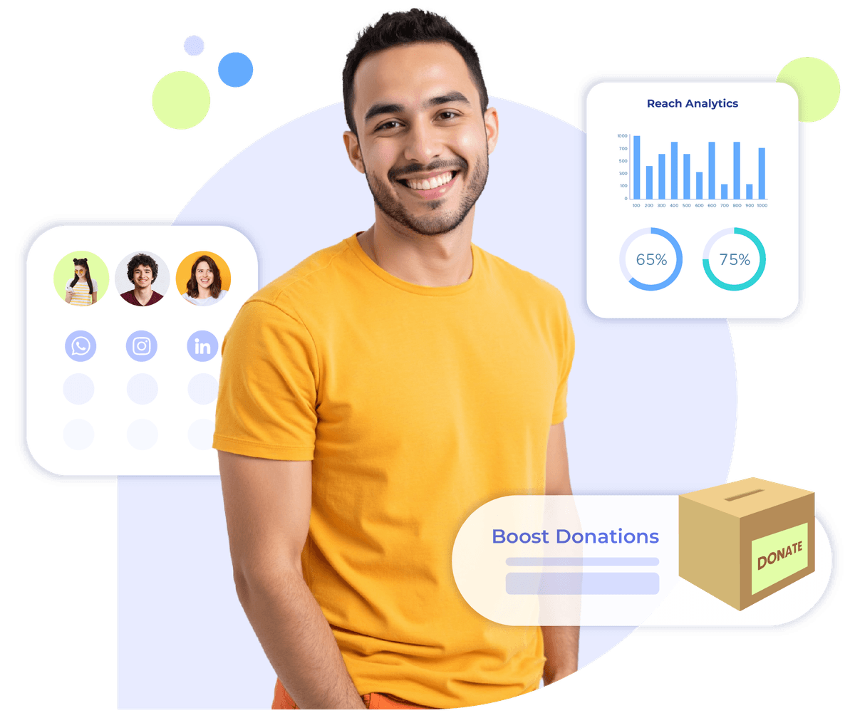 Man with analytics and donation icons showing how nonprofits grow impact using Krofile insights.