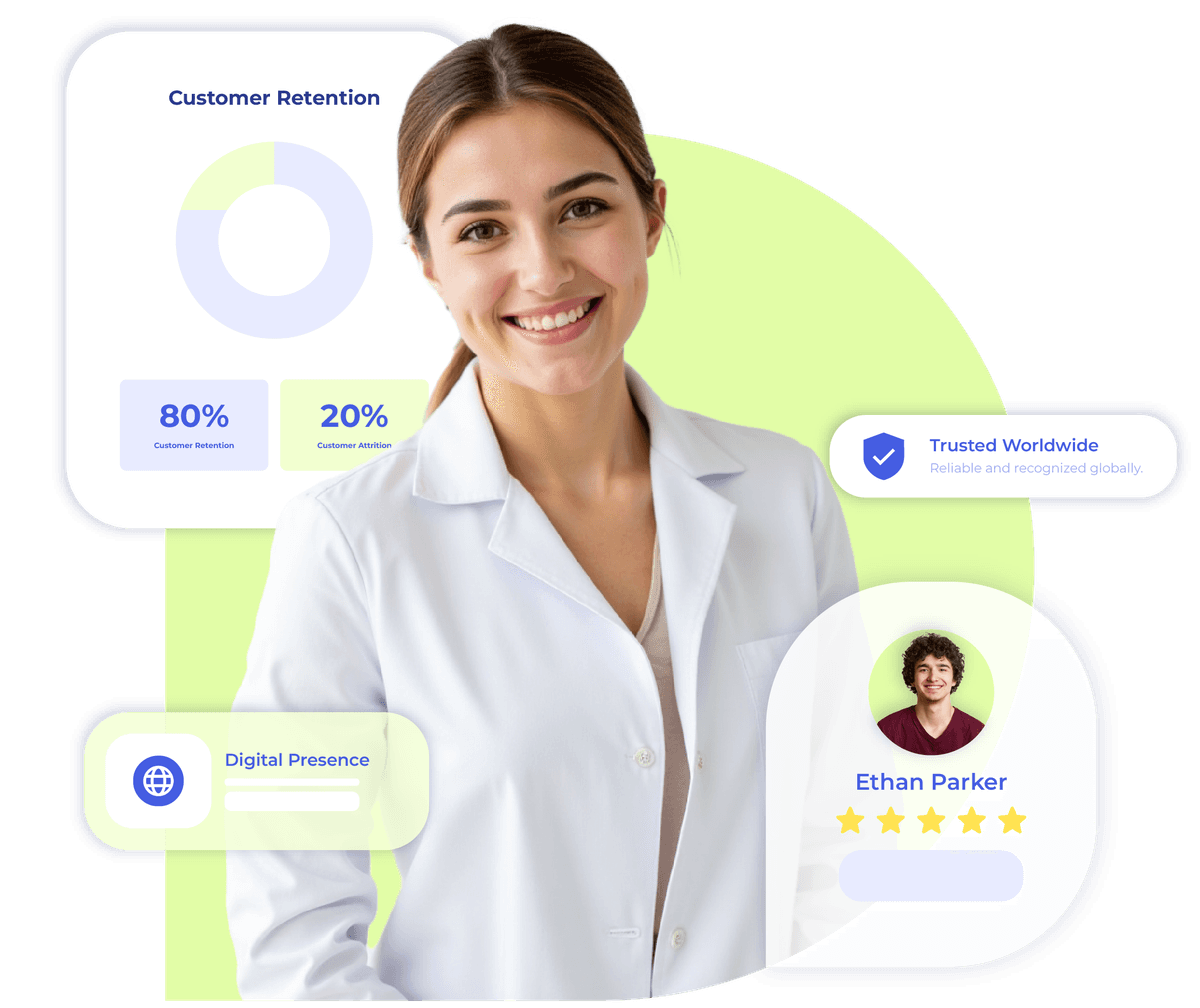 Female dentist with charts and icons showing how dental teams manage info and services using Krofile.