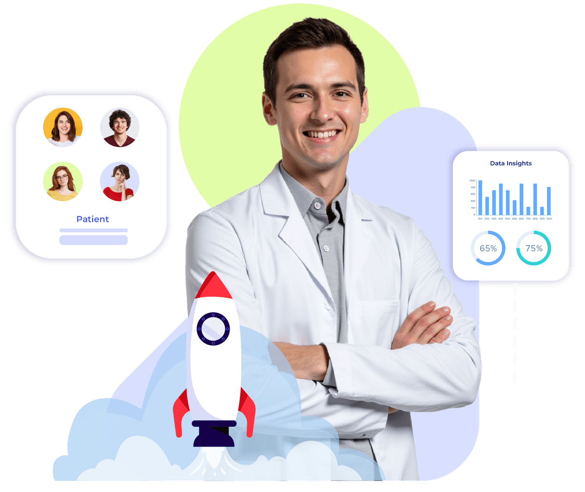 Smiling dentist with patient icons and insights showing how Krofile builds trust with real reviews.
