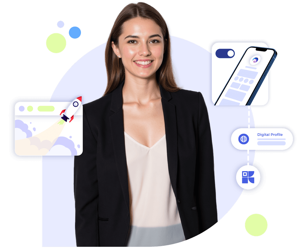 Woman with phone and launch icons showing how SMEs manage everything in one place using Krofile.