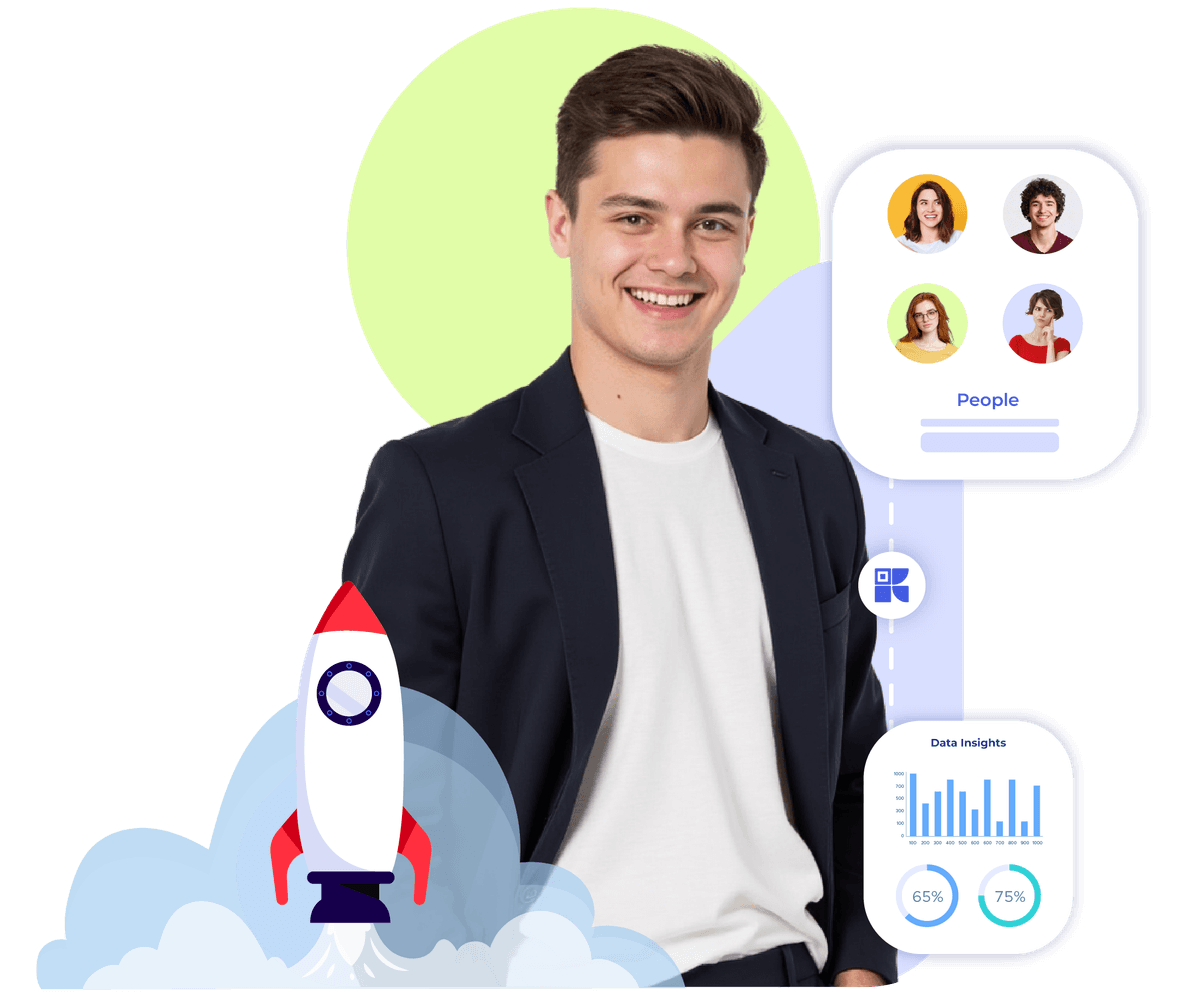 Smiling man with review and analytics icons showing how Krofile helps SMEs boost loyalty and trust.