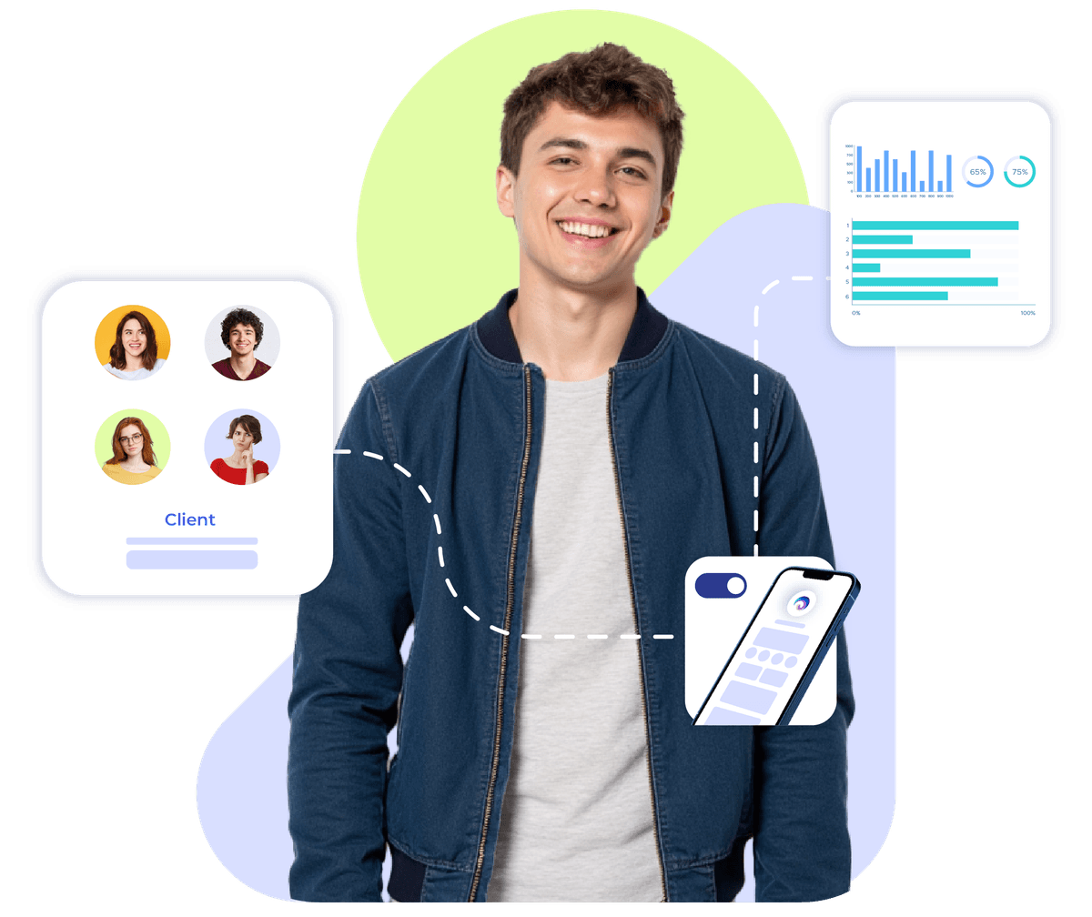 Young man with phone and data graphics showing how SMEs track growth and feedback with Krofile tools.