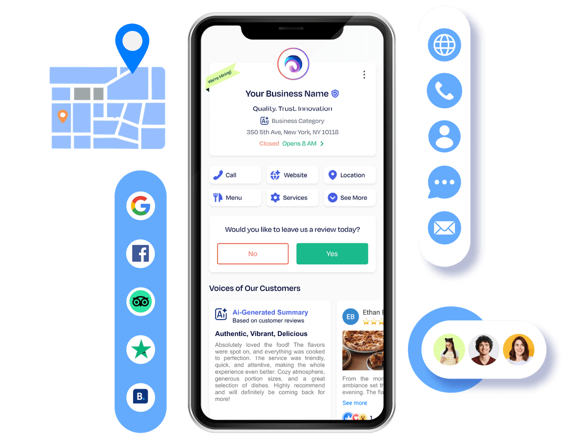  Krofile profile interface highlighting business info and review section on mobile.
