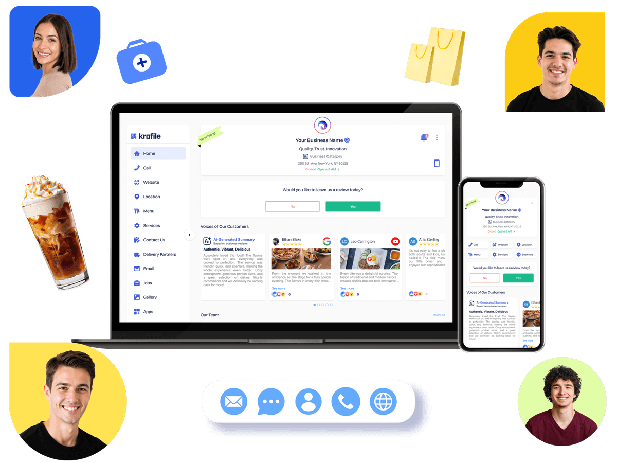 Laptop and mobile screen displaying Krofile dashboard with promotions and reviews for customer engagement.