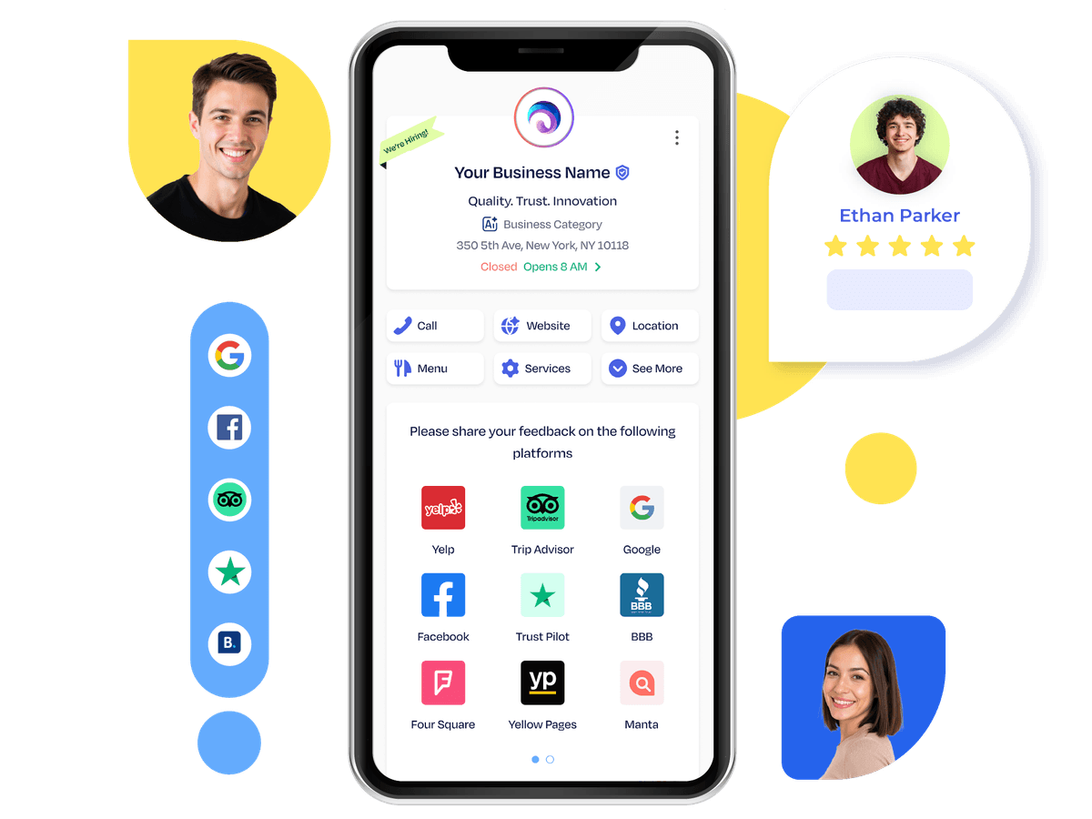 Smartphone mockup of a digital business profile with review platforms and customer feedback display.