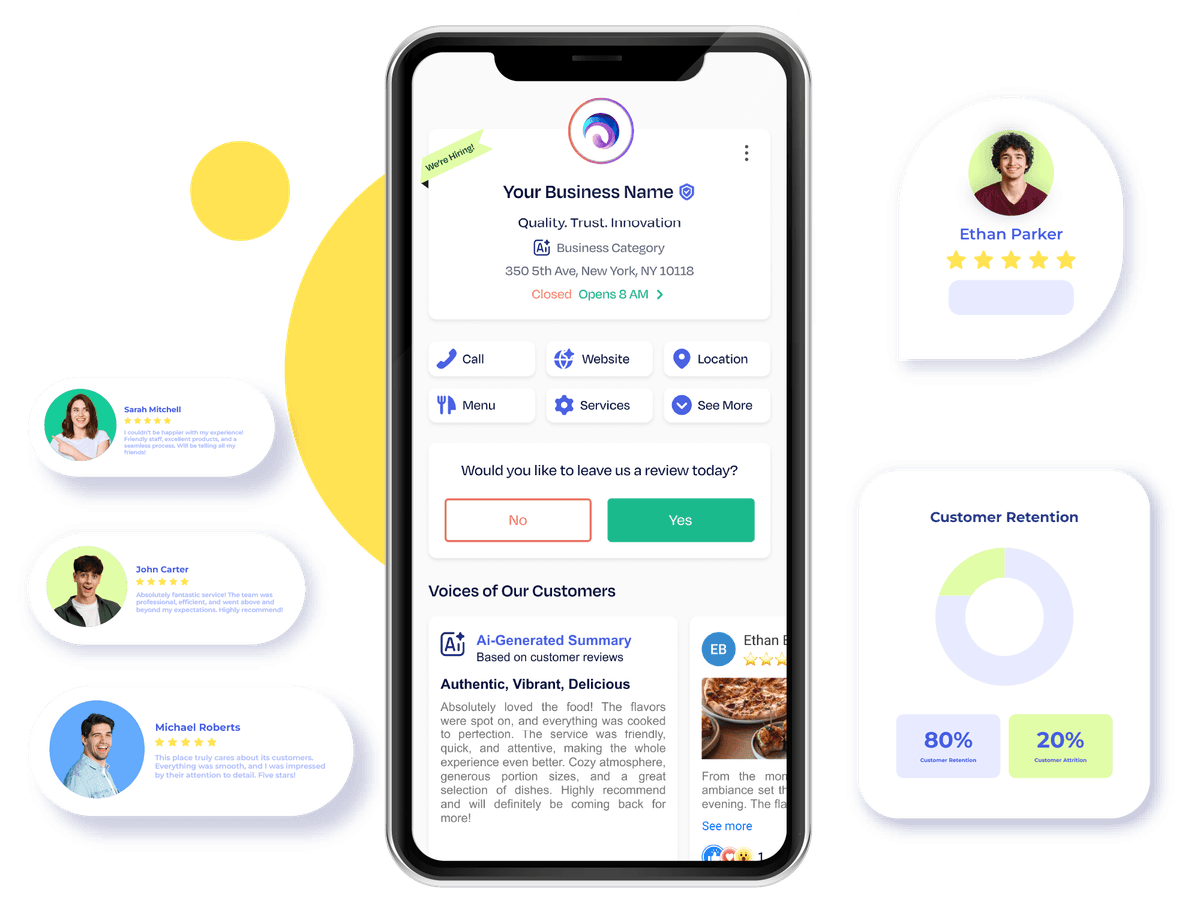 Smartphone mockup showing Krofile profile collecting reviews from Google, Facebook, and Yelp etc.