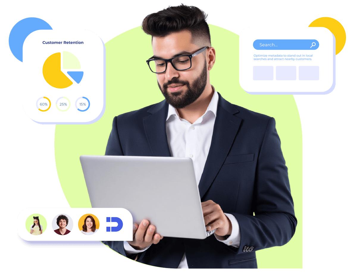 Man using Krofile dashboard with metadata optimization for local SEO visibility.