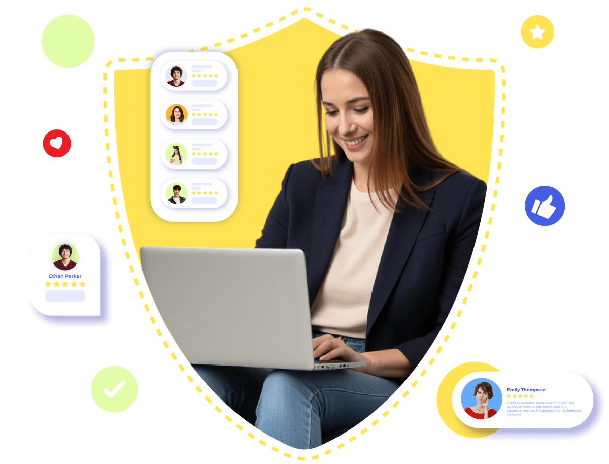 Woman viewing reviews on Krofile dashboard to improve credibility and local SEO ranking.