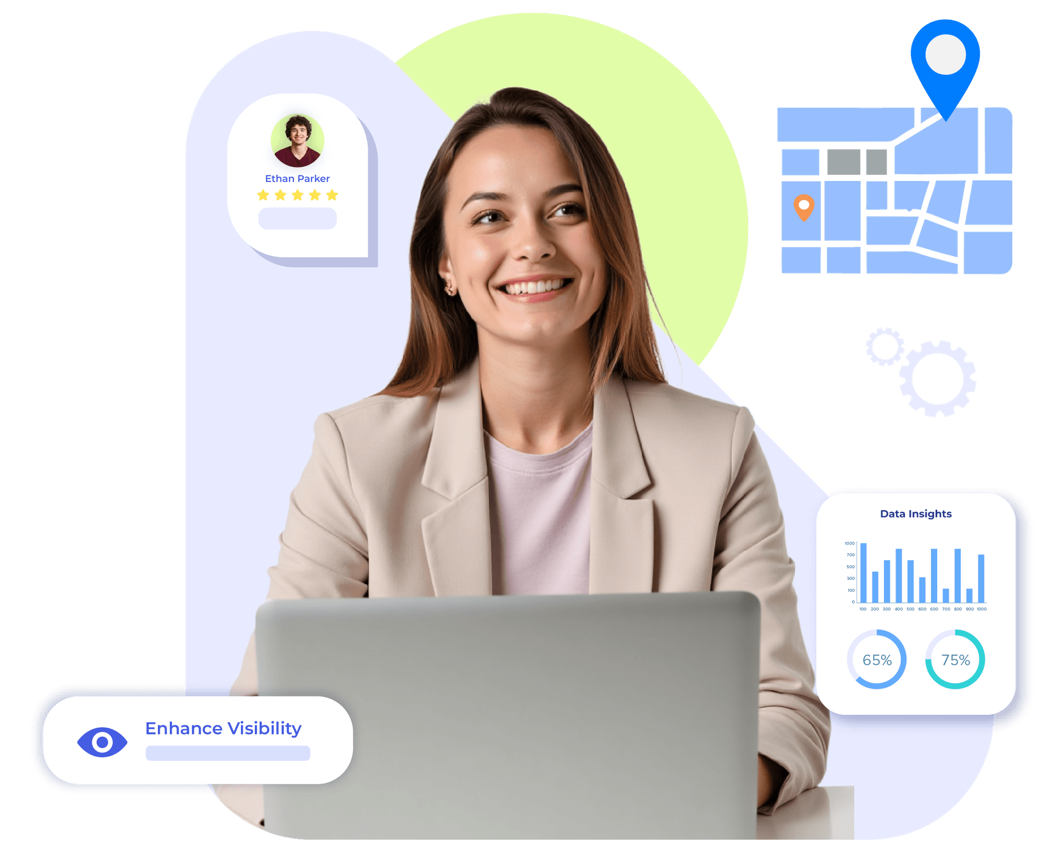 Woman using Krofile dashboard to boost visibility with the best SEO software for small business.